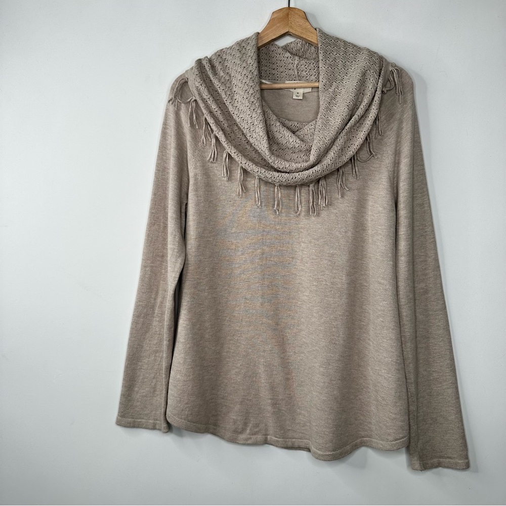 Style & Co Womens Size Medium Pullover Cowl Neck Fringe Knit Sweater Beige